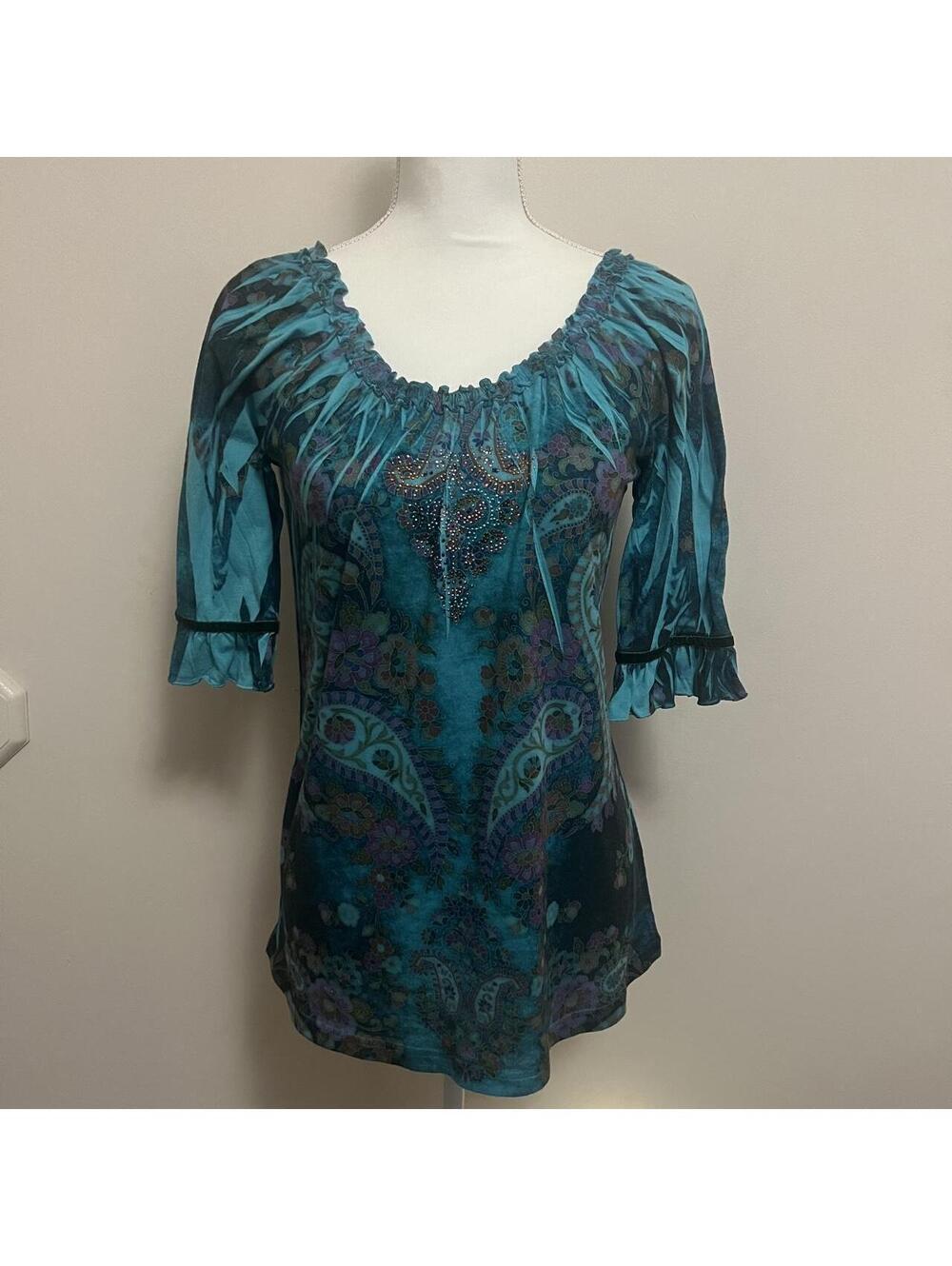 Y2K Teal Paisley Floral Rhinestone Bell Sleeve Tunic Top Size S